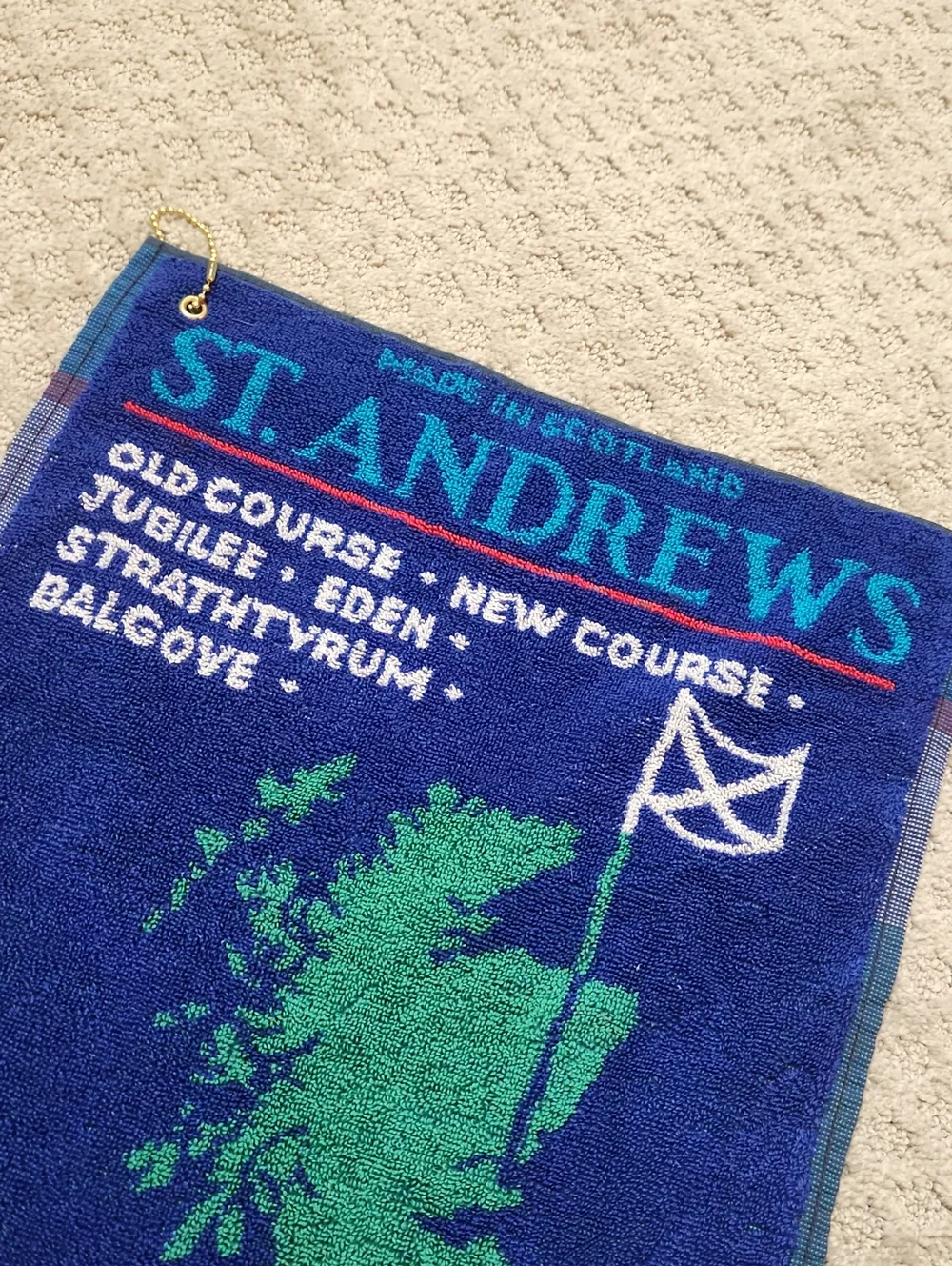 St. Andrews Golf Towel Home of Golf Blue & Green Made In Scotland